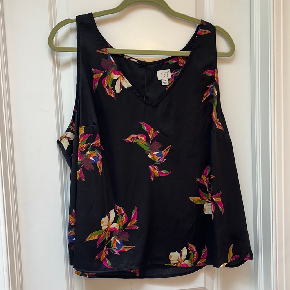 A New Day shell blouse 1X, black with vibrant floral accents.
